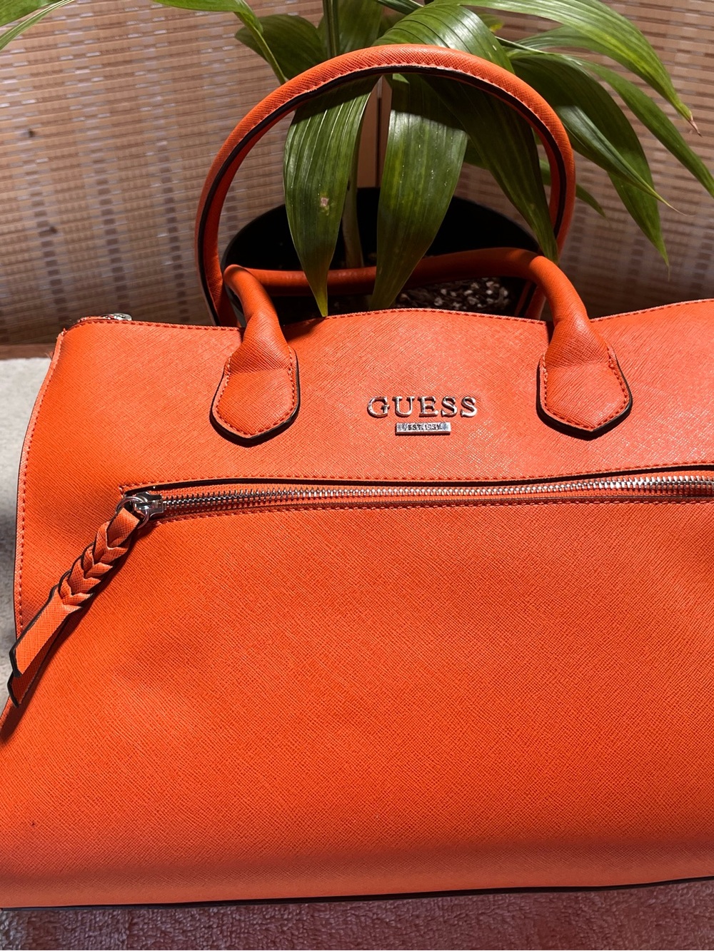 GUESS Orange Saffiano Satchel with Front Zip